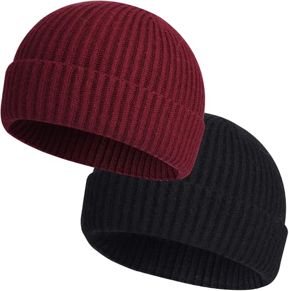 ROYBENS 2 Pack Wool Fisherman Beanies for Men, Knit Short Watch Cap Winter Warm Hats