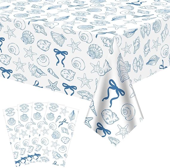 4 Pcs Beach Seashell Party Decorations Tablecloth, Last Toast on the Coast Bachelorette Table Cloth Seashells Beach Table Cover for Blue Bow Seashell Coastal Birthday Decor, 130 x 220 cm