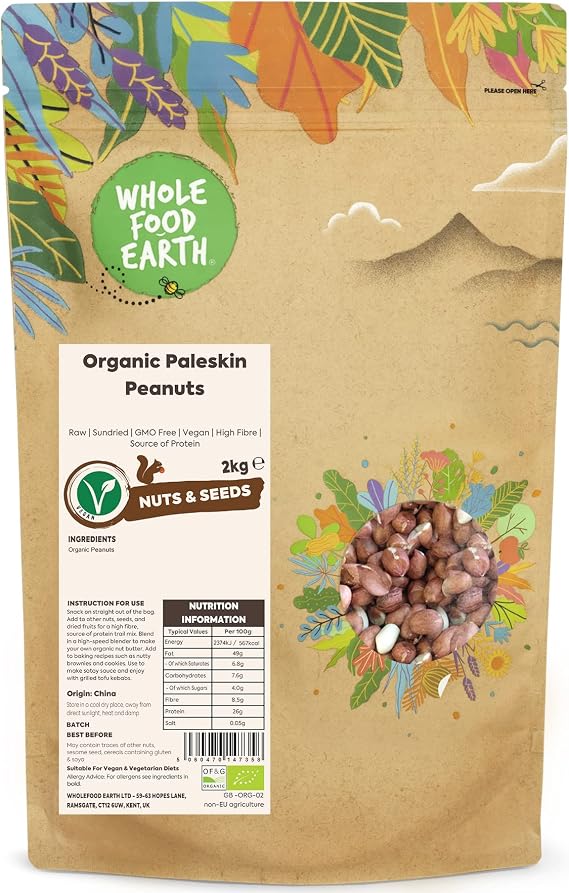 Wholefood Earth Organic Paleskin Peanuts 2kg Raw | Sundried | GMO Free | Vegan | High Fibre | Source of Protein | Certified Organic