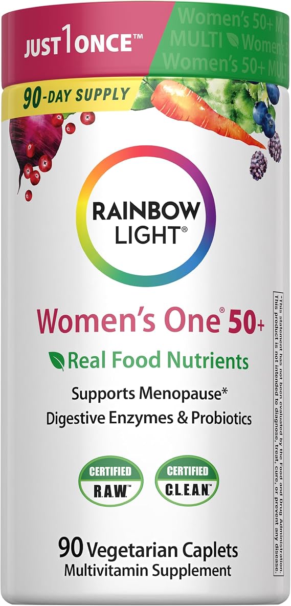 Rainbow Light Womens One + Multivitamin 50 Plus | 90 Caplets | Supports Menopause | Real Food Nutrients, Digestive Enzymes & Probiotics