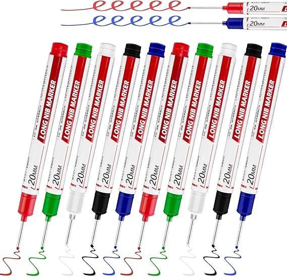 10 Pcs Long Head Deep Hole Marker - Long Nib Marker, Multi-purpose Deep Hole Marker Pens, Quick Dry Waterproof Colorful Carpenter Pen Markers for Woodworking Hardware Decoration Construction.