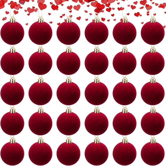 Menkxi 30 Pcs Red Velvet Christmas Tree Ornaments Set 1.97'' | Burgundy Velvet Ornaments, Velvet Ornaments for Christmas Tree Decorations, Christmas Flocked Balls Bulk for Home Party