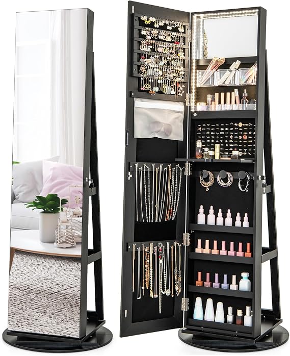 COSTWAY 360 Rotating Mirror Jewelry Armoire, Freestanding Jewelry Organizer w/ 3-Color LED Lights, Full-length Mirror with Jewelry Storage, Lockable Jewelry Cabinet for Bedroom, Cloakroom (Black)