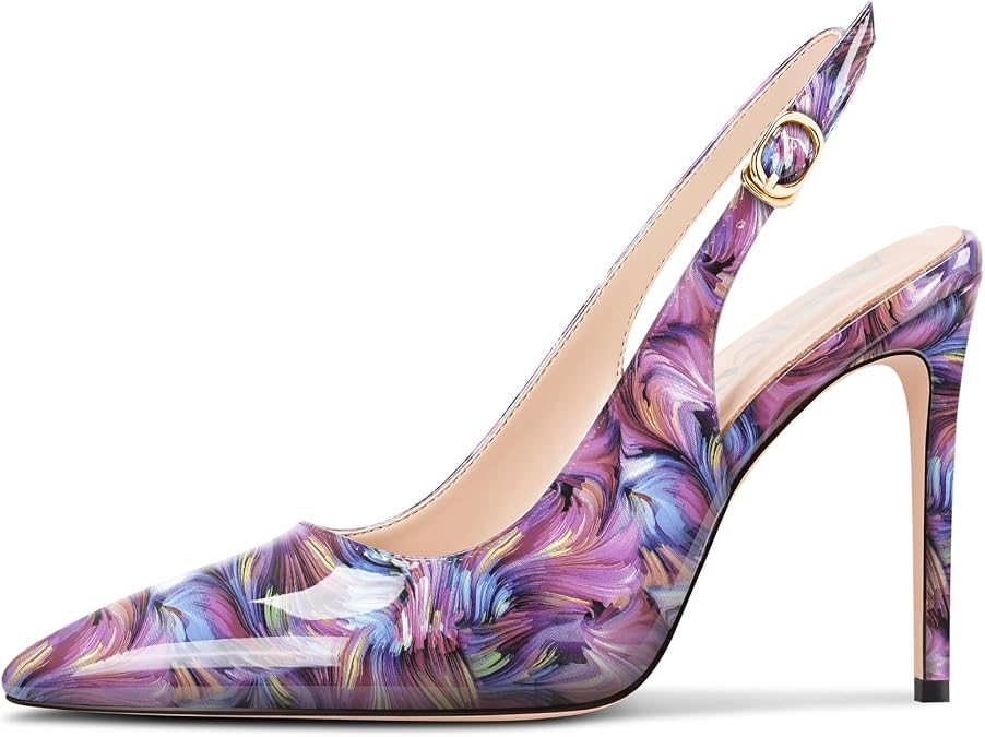 Aisicoo Womens Stiletto High Heel Pointed Toe Pumps Slingback Buckle Wedding Prom Party Dress Patent Leather Summer 3.9 Inches Heels