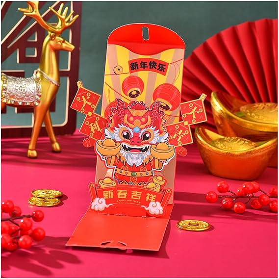 SYALEO 6pcs 3D Dragon 2024 Red Envelopes Chinese New Year Bronzing Three-dimensional Red Packet 3D Pop Up Lai See Lucky Money Envelopes Spring Festival Party Hong Bao