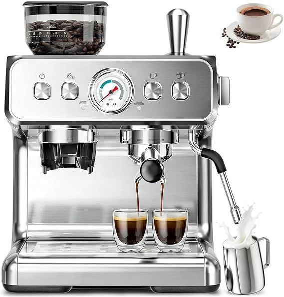 Espresso Coffee Machine with Grinder, 20 Bar Professional Espresso Maker with Milk Frother Steam Wand, 58mm Portafilter Coffee Machine for Home Barista, Perfect for Latte & Cappuccino