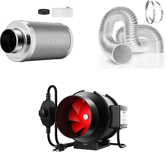 VIVOSUN 6 Inch 390 CFM Inline Duct Fan, with 6 Inch 25 Feet Ducting Tube and Air Carbon Filter for Inline Duct Fan, Grow Tent