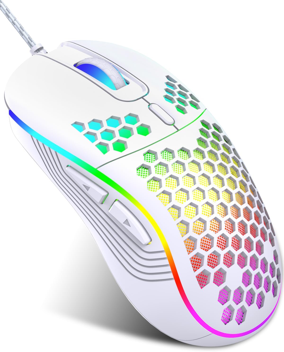JYCSTE Wired gaming mouse, RGB backlighting and 7200 adjustable DPI, ergonomic and lightweight USB computer mouse with high-precision sensor for Windows PC & laptop White