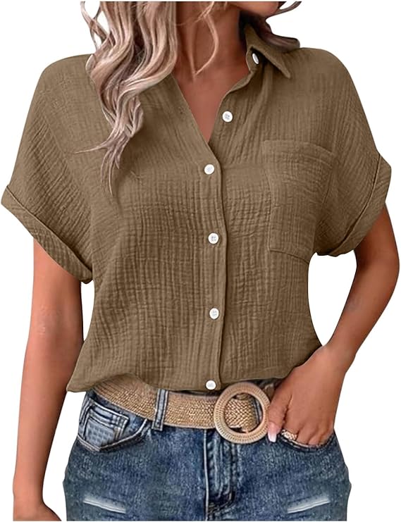 Blouses for Women Dressy Casual Collared Button Down Shirts Roll Short Sleeve Tops Loose Tunic Summer Work Shirt