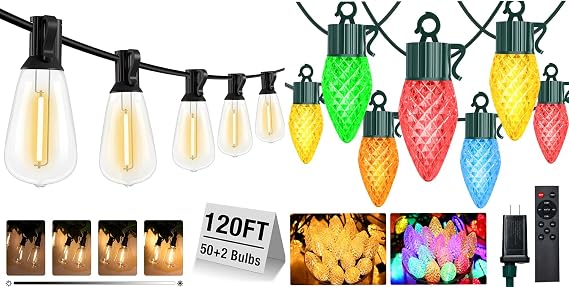 litogo 120FT LED Outdoor String Lights with Dimmer, 83.6FT 50 LED RGB Color Changing Xmas String Lights with Timer for Outside Holiday Tree Patio