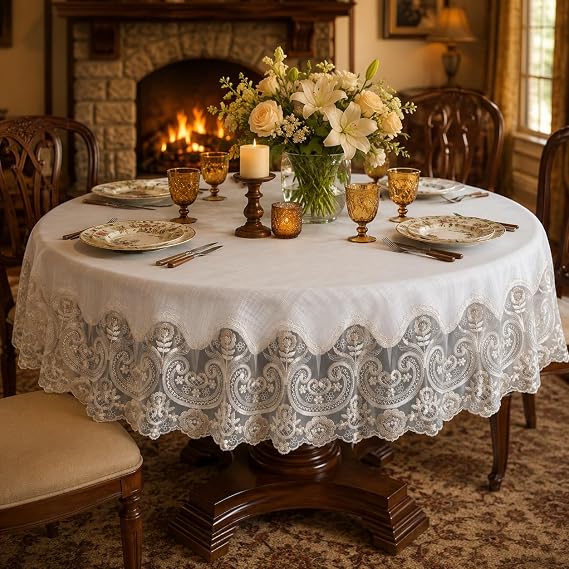 ARTABLE Beige Lace Round Tablecloth Vintage French Macrame Decor 60 Inch