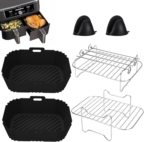 Hot Air Fryer Accessories Compatible with Ninja AF300EU 7.6L COSORI 8.5L Cookwise Devology Cecotec 9L Balter Innsky Double Fryers 6 Pieces Accessory Set with Airfryer Silicone Mould Cooking Grate BPA-Free