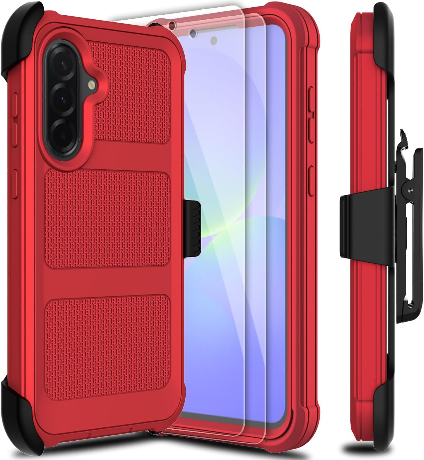 for Samsung Galaxy A36 5G Case with 2 Pack Tempered Glass Screen Protector, [Holster Series] Belt Clip Hard Tough Heavy Duty Rugged Shockproof Protective Cell Phone Case Red