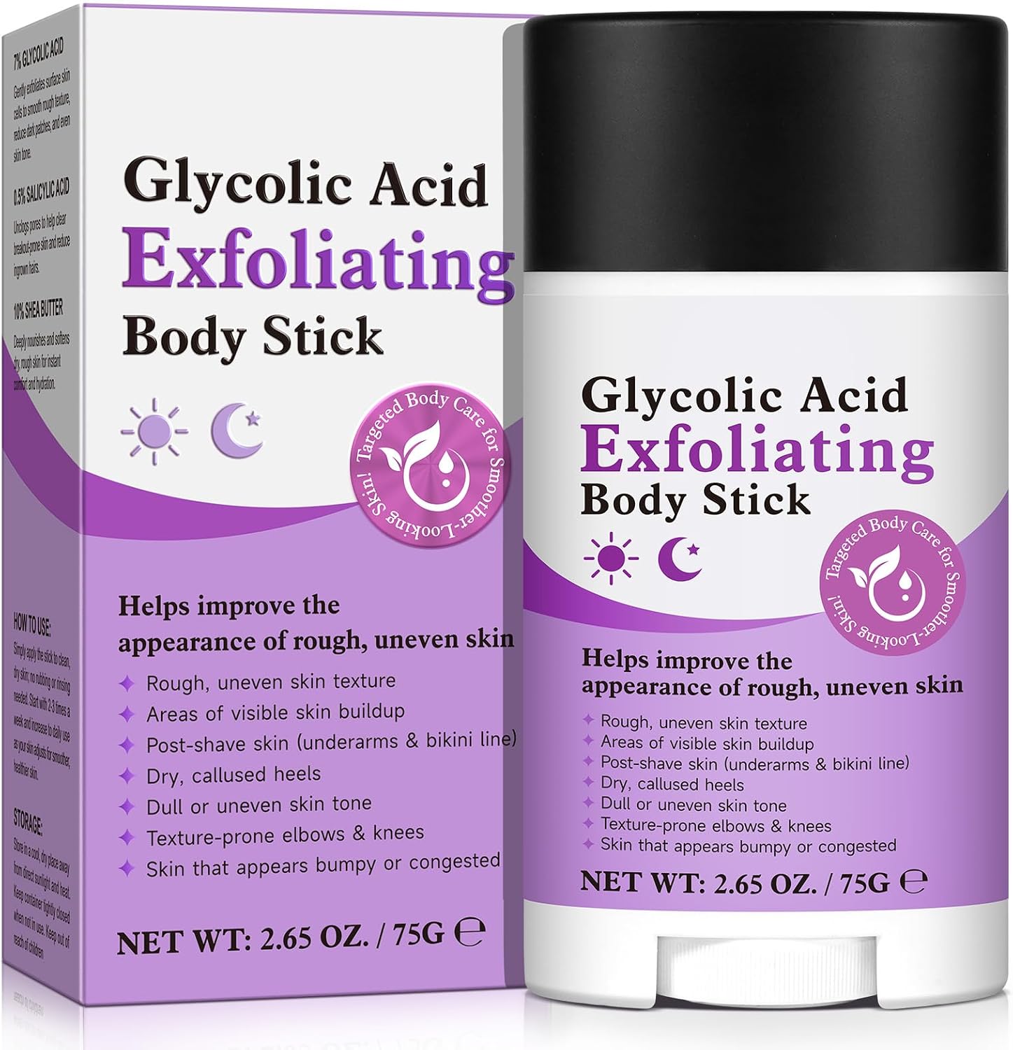 Glycolic Acid Exfoliating Body Stick 75g - Gentle Skin Smoother for Body & Underarms - Improves Skin Texture & Radiance - Fragrance Free, All Skin Types - Portable Scrub Stick