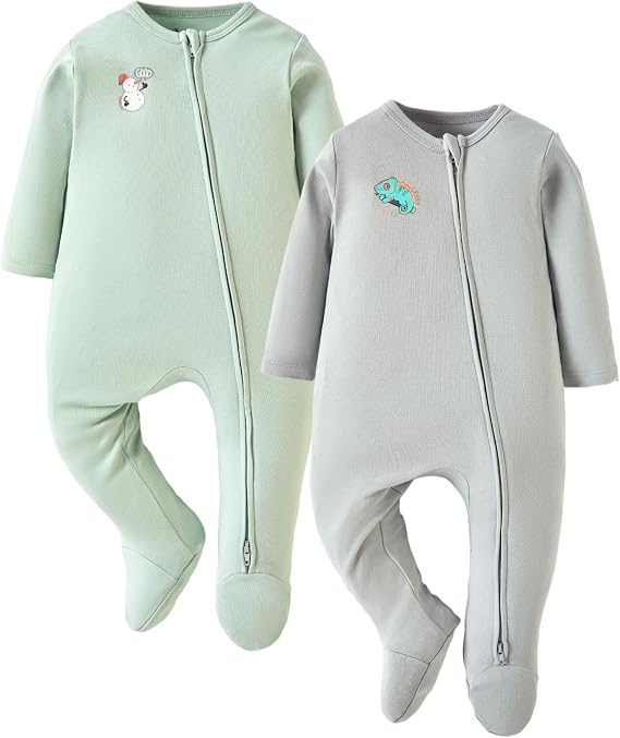 Baby 2-Pack Long Sleeve Footie, Footed Romper with Zipper for 0-24 Months