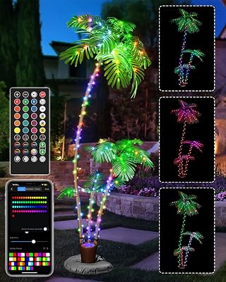 7FT Smart Lighted Palm Tree, DIY Color Changing LED Artificial Palm Tree 3 Trunks, Music Sync Timer Pre Lit Large Faux Valentine Tree App Remote Control for Outside Patio Poolside Party Tiki Bars