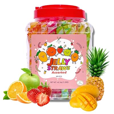 Jelly Fruits Straws 60Pcs, Fruit Jelly Filled Strips 42.3oz, 5 Flavor Assorted Fruit Jelly Sticks,- Strawberry, Orange, Apple, Pineapple, Mango 42.3oz Halal Certificated and Fat-Free