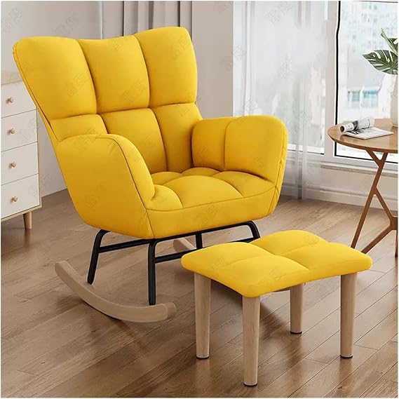 Modern Accent Rocking Nursery Chair Glider Chair with Foot Stool,Tufted High Wingback Leisure Rocker Recliner Chair with Upholstered Comfy Cushion,for Living Room/Bedroom (Yellow)