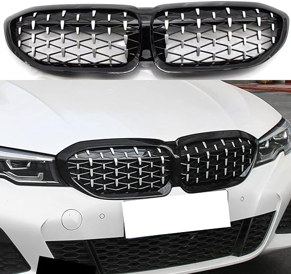 G20 G28 Diamond Grille Compatible with 2019 2020 2021 2022 BMW 3 Series Front Kidney Grills Front Bumper Replacement Grille Insert(Silver)