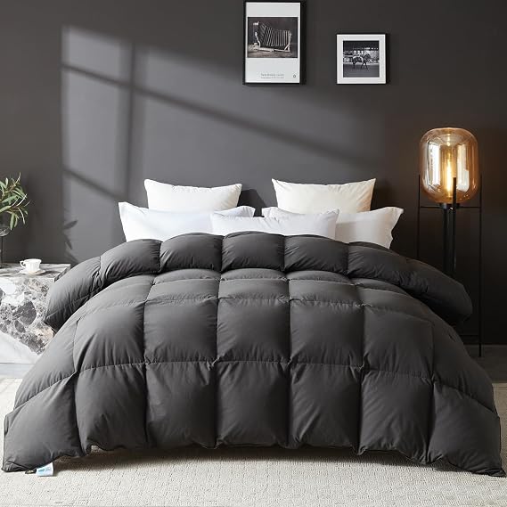 Goose Feather Down Fiber Comforter Oversize Queen , Grey, All Season