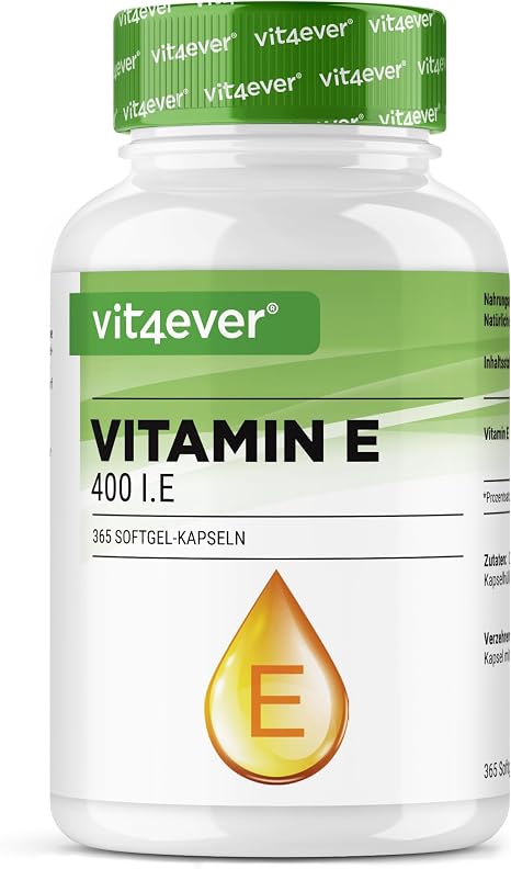 vit4ever Vitamin E - 365 Softgel Kapseln - 400 I.E. D-alpha-Tocopherol aus Sonnenblumen ölbasierte Softgels 12-Monatsvorrat hohe Bioverfügbarkeit ohne unnötige Zusätze