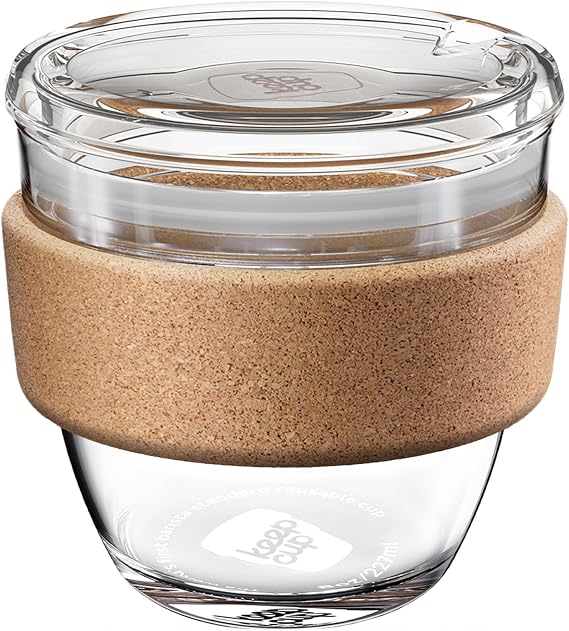 KeepCup Brew Cork Quicksip Tempered Glass Reusable Coffee Cup/Travel Mug with Natural Cork Band and Clear Spill Proof Lid - 8oz/227ml