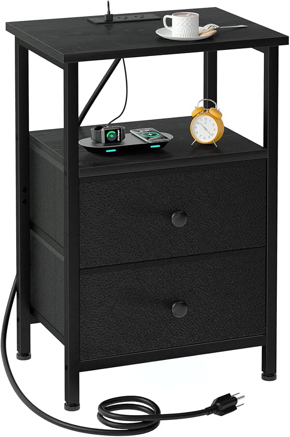 LOAKEKEL Night Stand, Small Nightstand with Charging Station