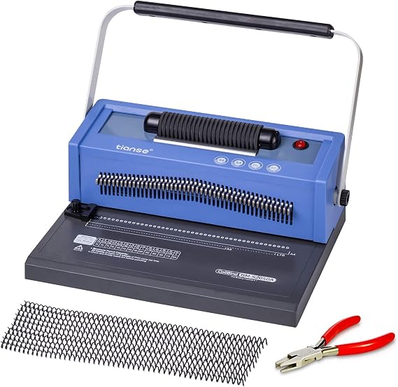 TIANSE Spiral Coil Binding Machine, Manual Book Maker Punch Binder with Electric Coil Inserter, Disengaging pins, Adjustable Side Margin,  with 100pcs 5/16'' Plastic Coil Binding Spines & Plier