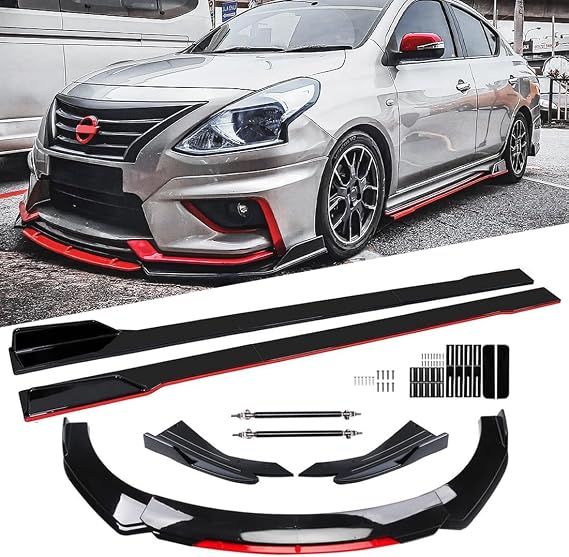 Black & Red Universal 69" - 73" Adjustable Car Front Bumper Lip Splitter Chin Spoiler Body Kit with 86.6" Side Skirt Extension Rocker Panel and Rear Bumper Lip Diffuser Compatible Most Vehicle