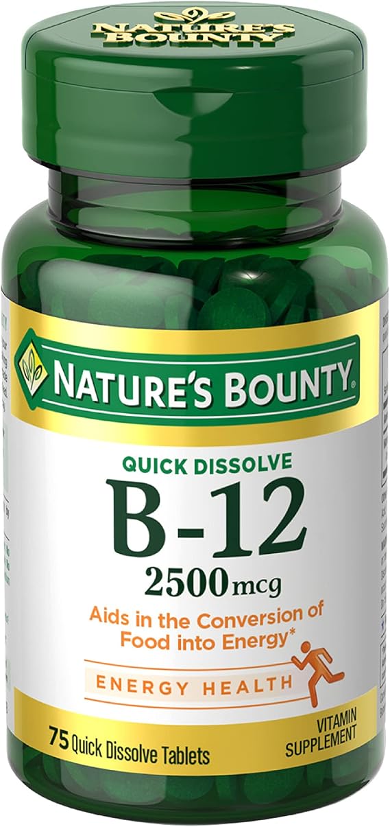 Natures Bounty Vitamin B12 2500 mcg, Cellular Energy Support, for Energy Metabolism, Heart & Nervous System Health, 75 Quick Dissolve Tablets