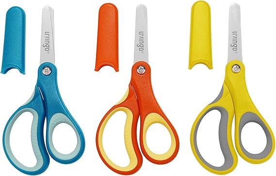 LIVINGO Kids Safety Scissors 3 Pack, 5" Blunt School Craft | Protective Blade Covers, Left Right Handle Design, Ages 4+, Preschool Classroom Supplies