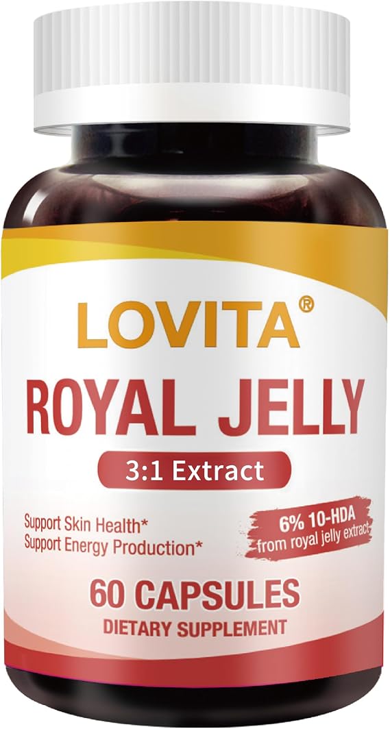 LOVITA Royal Jelly 333 mg, 3:1 Concentrate, with 20mg 10-HDA, Natural Source Super Food, Supports Skin Health & Energy Production, 60 Capsules