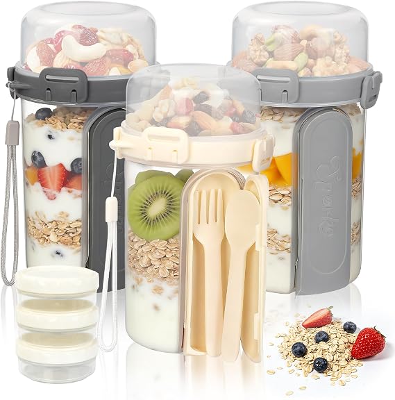 3 Pcs Overnight Oats Jar Plastic, Reusable Granola and Yoghurt Pot with Spoon & Fork, Cereal Cup On The Go Container with Sauce Box, Breakfast Pots with Lids for Salads,Fruit,Milk,Porridge