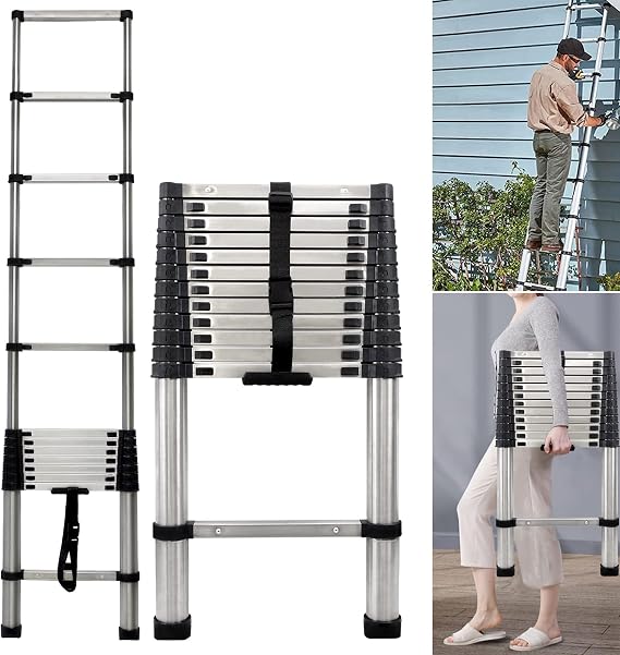 Tall Telescopic Extension Ladders Stainless Steel Foldable Telescoping Ladder 12.5ft/3.8m Retractable Telescope for Home RV Loft Attic, Lightweight Pull-Out Ladder, 150kg Load Capacity