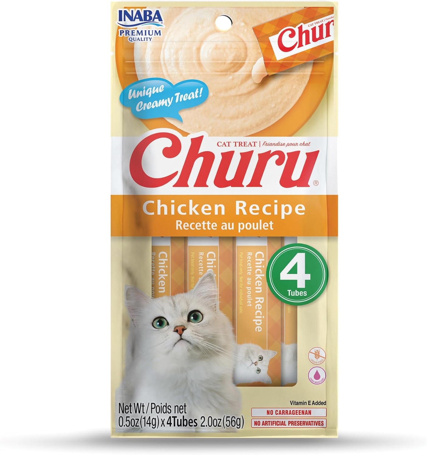 INABA Churu Cat Treats, Lickable, Squeezable Creamy Purée Cat Treat with Vitamin E, 0.5 Ounces Each Tube, 4 Tubes, Chicken Recipe