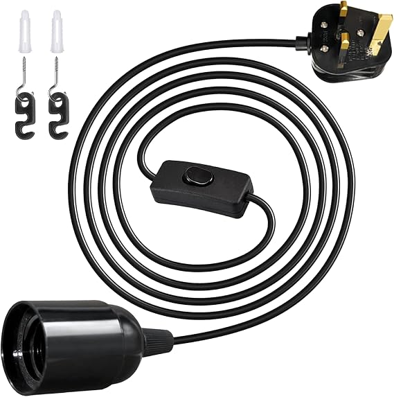 Plug in Light Fittings, E27 Pendant Light Fitting, Lamp Cable with E27 Lamp Holder Inline Switch On/Off and Plug, 250V 4A Extension Hanging Lamp Standard Replacement Cord for Loft Garage, Black 1.8M [Energy Class A+]