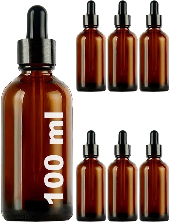 Afracam 100 ml Metal Kapaklı Damlalık Dropper Şişesi Serum 100 cc Cam Şişe 6 Adet (Siyah Kapak, Amber/Kahverengi)