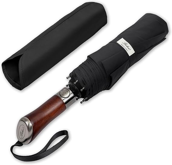 Balios Folding Umbrella Lux Hardwood Handle Auto Open Close | Patented handmade handle in richly grained solid hardwood, with stainless steel tip and wrist strap. Designed in London.