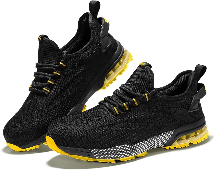 SPIEZ Composite Toe Shoes for Men Women, Lightweight Breathable Non Steel Toe Safety Shoes, Puncture Proof Slip Resistant Work Sneakers for Construction,Warehouse,Black Blue/Black Yellow