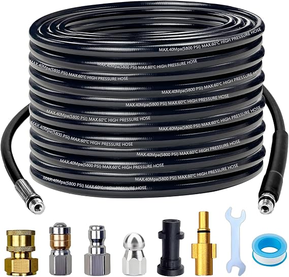 20M High Pressure Washer Hose Drain Cleaning Kit with 3 Adapters & 3 Nozzles,5800 PSI/400Bar Sewer Jetting Hose Kit Compatible with Karcher and Bosch Pressure Washer Gun,Kink Resistant