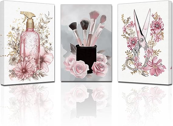 PBXBJY Hair Salon Canvas Wall Art Fashion Haircut Tools Poster Prints Gold Pink Scissors Flower Painting Hairdressing Artwork for Beauty Salon Barbershop Decor (12.00" x 16.00" x 3PCS)