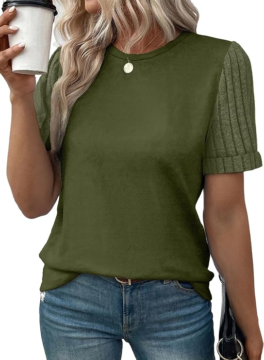 SHEWIN Women's Short Sleeve Summer Tops Crewneck Knit Solid Loose Casual Basic T Shirts Tee Blouses