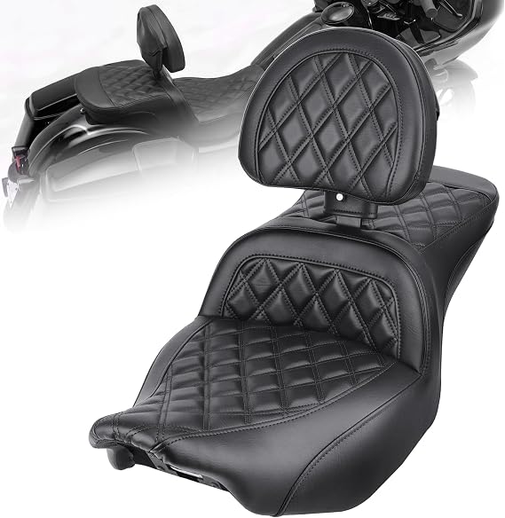 Gel Motorcycle Seat with Adjustable Driver Backrest for Harley24-26 | for Harley Touring 2024-2026 Road Glide Street Glide CVO, 2-Up Seat with Cooling Gel, PU Leather (Black Rhombus)