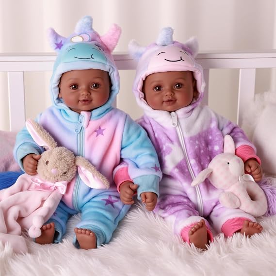 BABESIDE Black Baby Dolls Twins - 17inch Realistic Soft Cloth Body Dolls with Brown Eyes, 3+ Year Old Girls Gifts, Ideal for Nurturing, Interactive Play & Cuddling