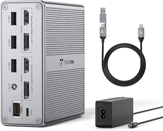 DisplayLink Docking Station Dual Monitor 4K@60HZ for MacBook, Windows, TobenONE Universal Mac mini M4 Dock with 2 HDMI & 2 DP, 65W Power Delivery, 7 USB, USB-C 3.1, Ethernet, SD/TF