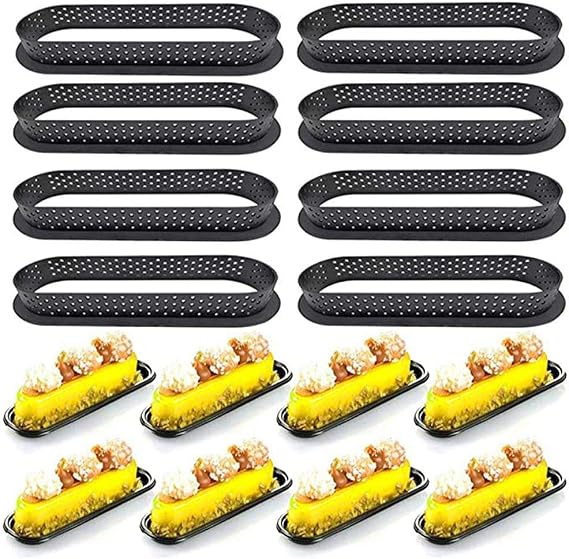 8pcs Oval Tart Ring Mousse Circle Tart Ring Round Cake Molds Cake Rings Mousse Mold Cake DIY Baking Mould Tool Perforated Ring Non Stick Bakeware(Black-Oval)
