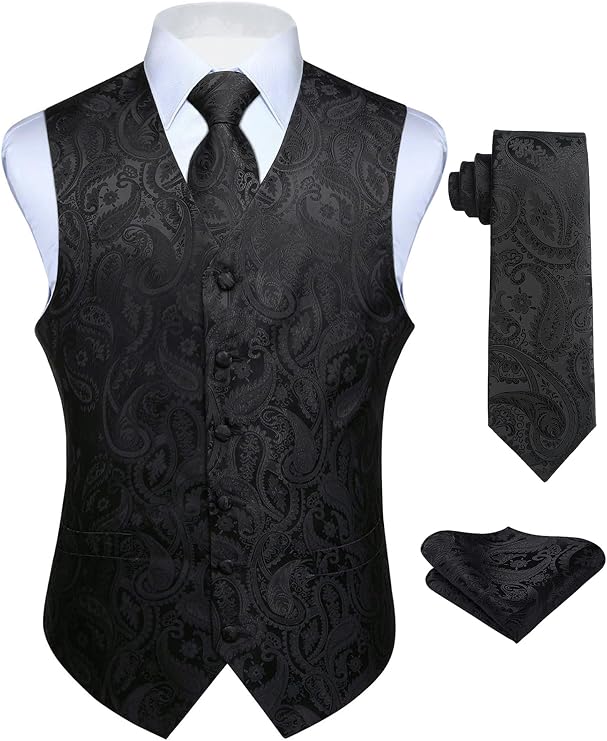Enlision Mens Suit Vest Set 3PCS Paisley Tuxedo Vest & Tie Pocket Square for Wedding Prom Party Formal Business