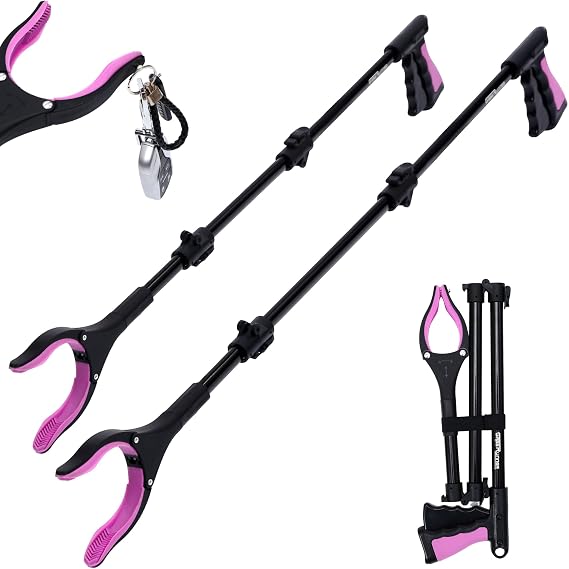 38" & 44" Extra Long Grabber Reacher Tool 2 Pack Foldable Reacher Grabber Pickup Tools with 360 Rotating Jaw for Seniors, Hard-to-Reach Areas, Ergonomic Grip & Lightweight Design(Pink)