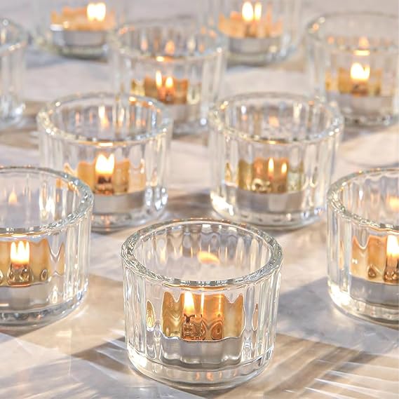 Clear Tea Light Candle Holders Set of 12, 5cm x 3.5cm Glass Tealight Holders for Table Centerpiece, Mini Vintage Striped Candle Holders for Weddings, Birthday Parties, Home Decor, Table Decor