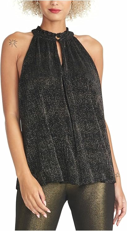 RACHEL Rachel Roy Womens Metallic Pleated Blouse Black XL